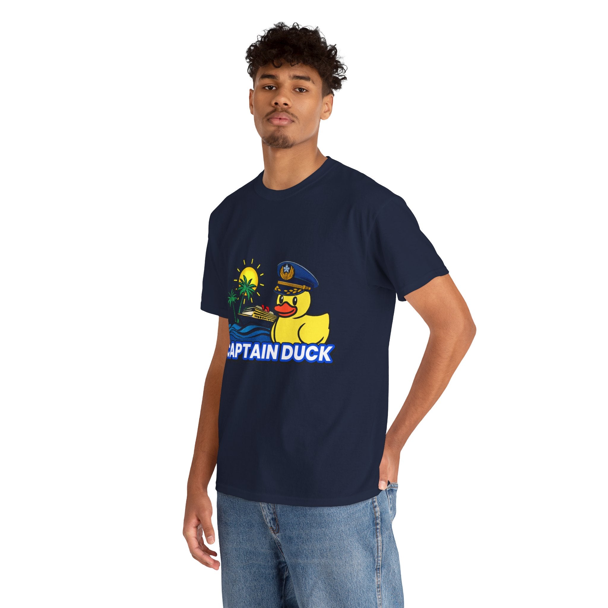 Captain Duck T‑Shirt — Nautical Rubber Duck Tee with Island Sunset