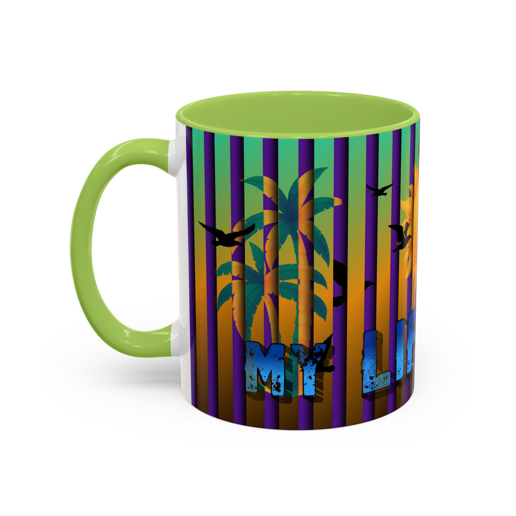 Surfing Life Coffee Mug — Colorful Sun & Surfboard Accent Mug (11/15oz)