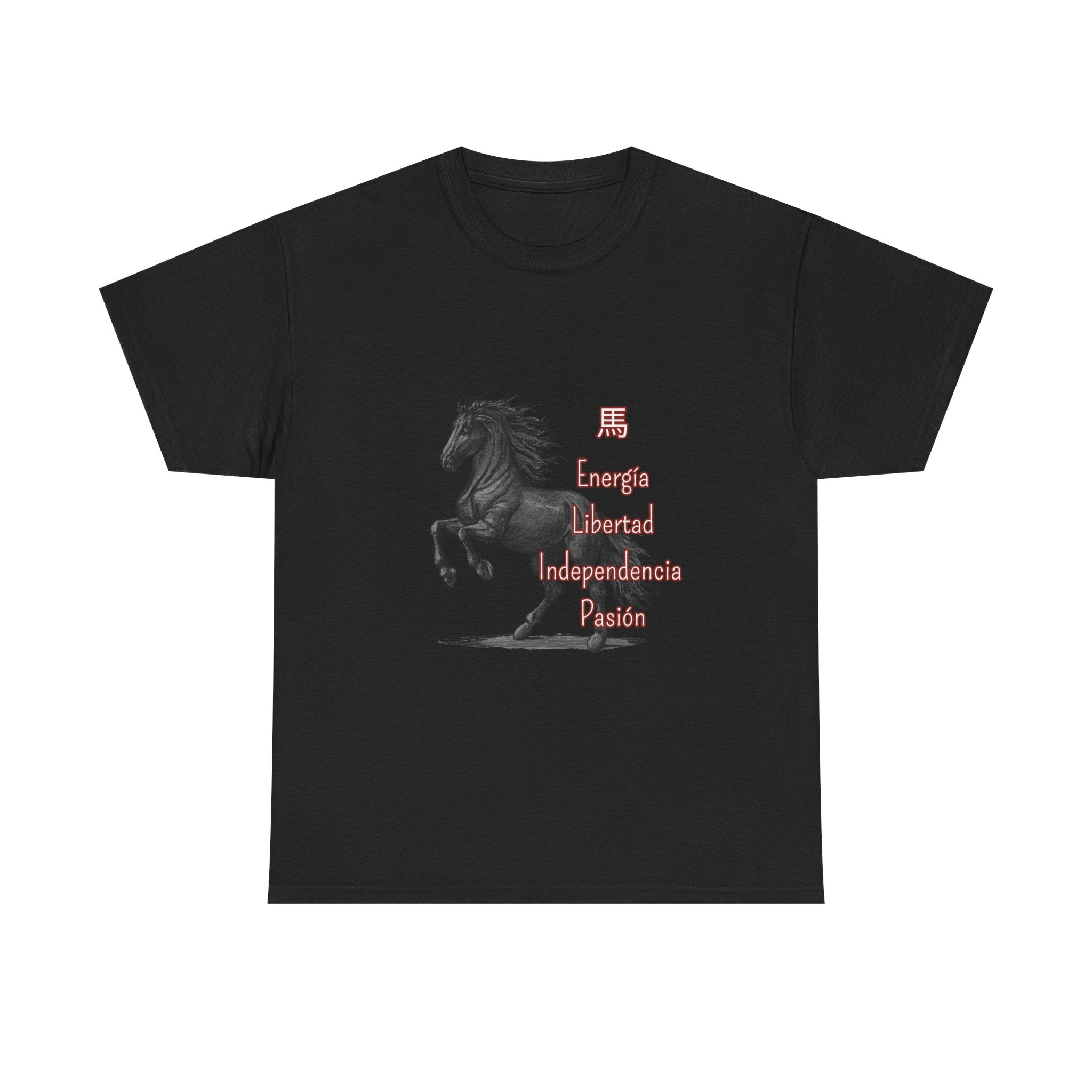 Galloping Black Horse Tee — 'Energy, Liberty, Independence, Passion' Graphic T-Shirt