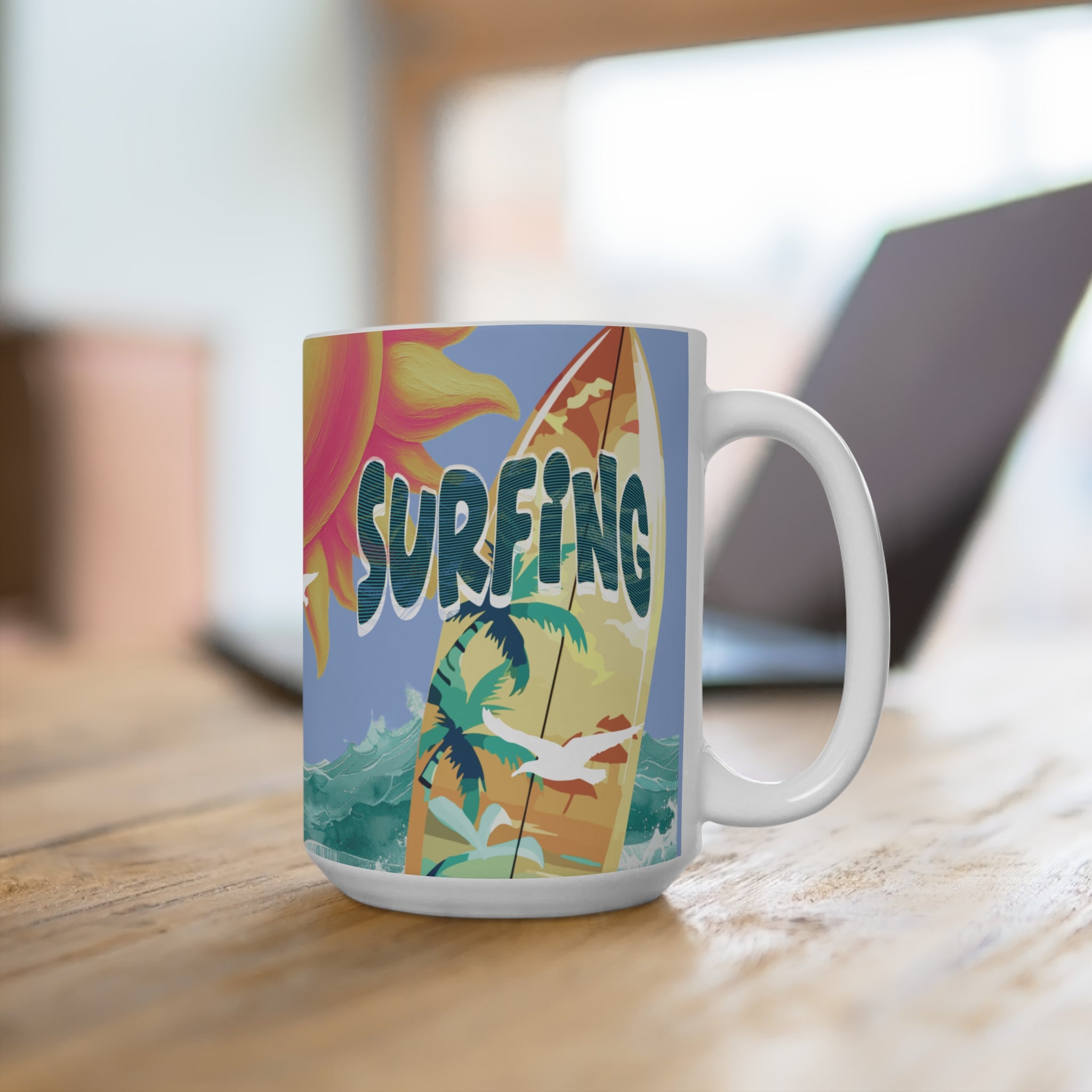 Surfing Ceramic Mug — Tropical Sunset Surfboard Coffee Cup