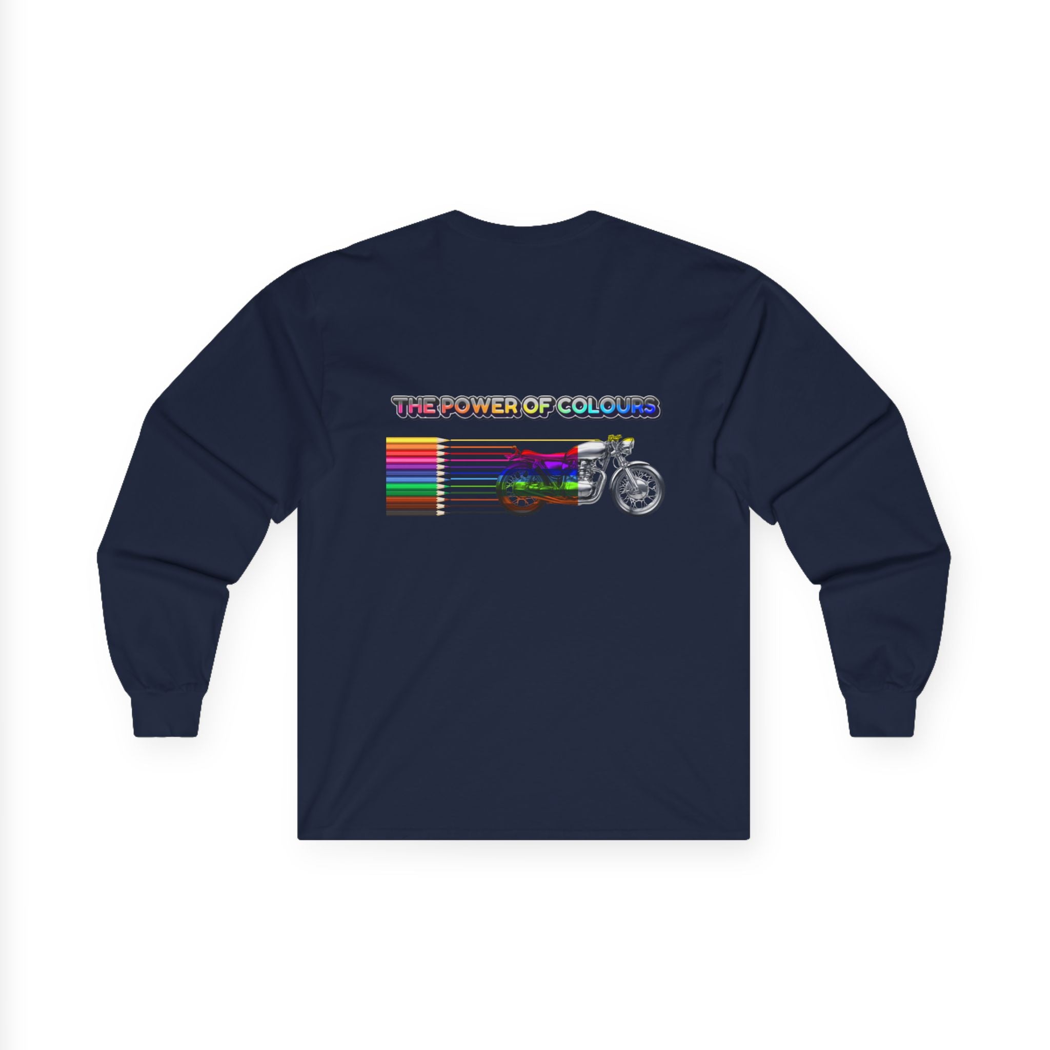 Long Sleeve Tee — 'The Power of Colours' Rainbow Motorcycle Graphic