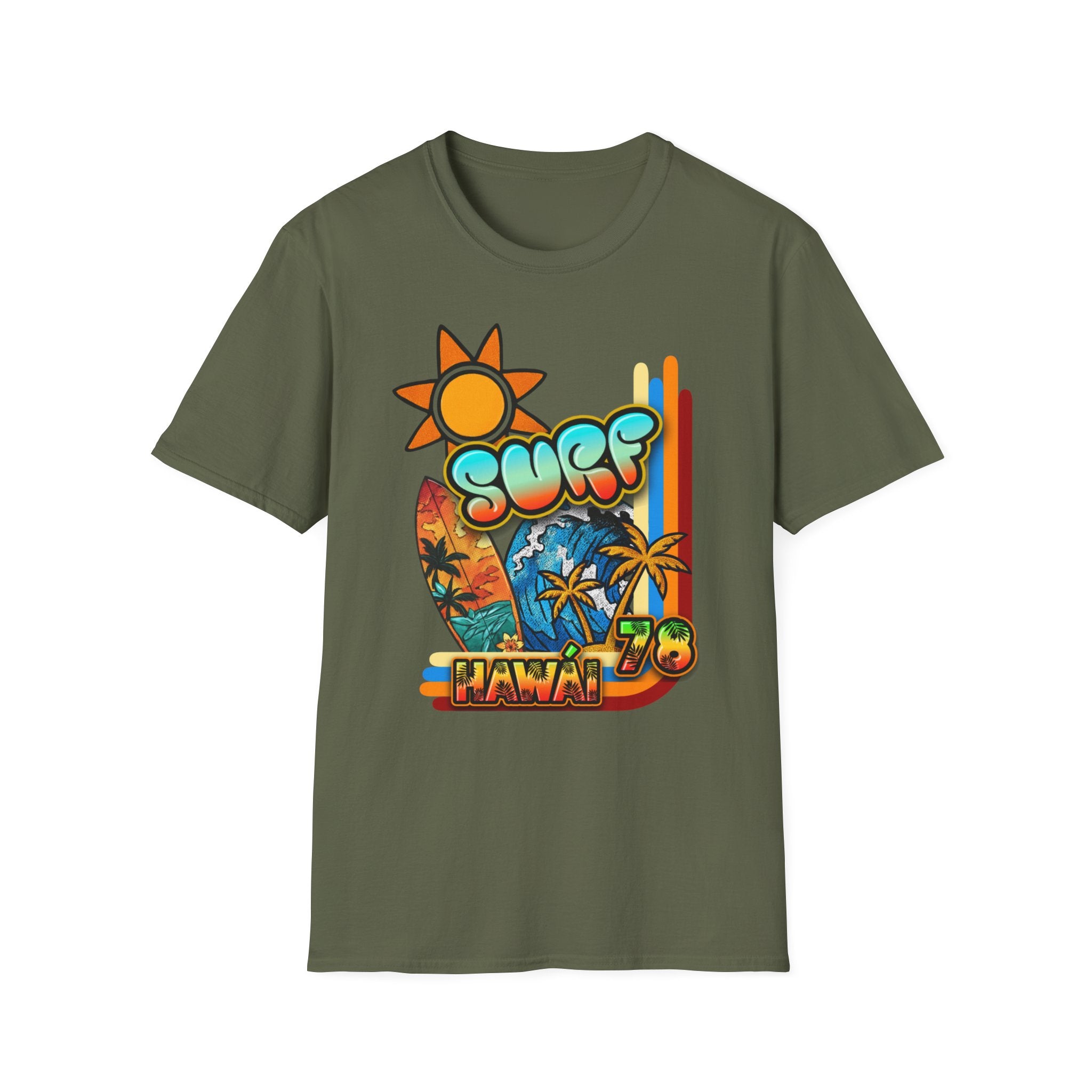 Surf Hawaii T-Shirt — Retro Tropical Sun & Palm Beach Tee