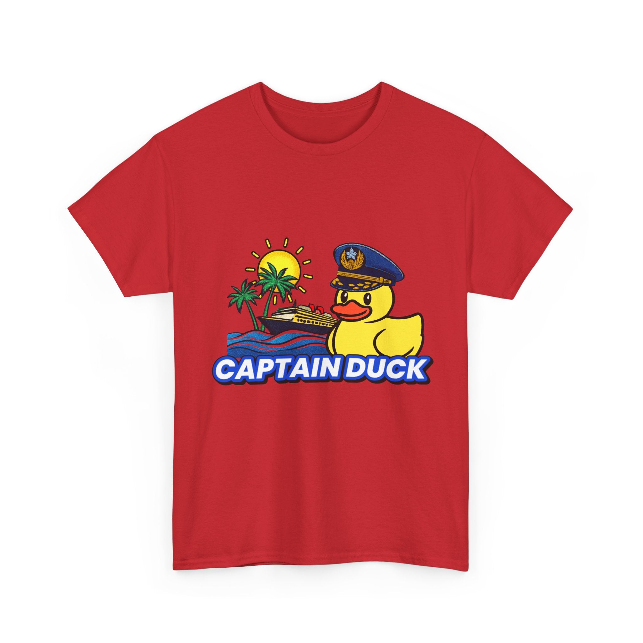 Captain Duck T‑Shirt — Nautical Rubber Duck Tee with Island Sunset