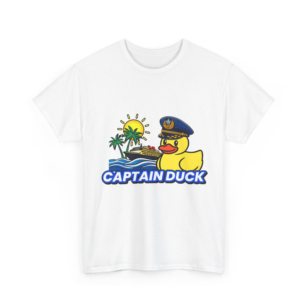 Captain Duck T‑Shirt — Nautical Rubber Duck Tee with Island Sunset