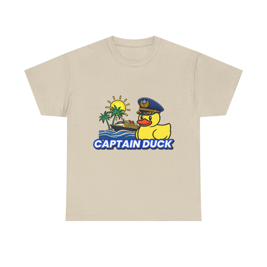 Captain Duck T‑Shirt — Nautical Rubber Duck Tee with Island Sunset