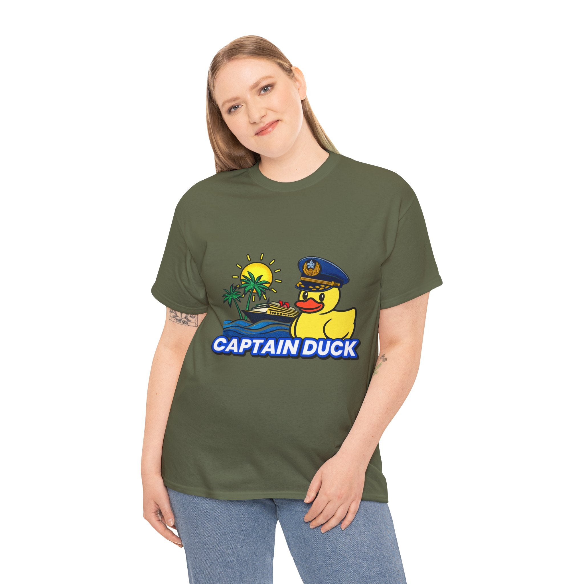 Captain Duck T‑Shirt — Nautical Rubber Duck Tee with Island Sunset