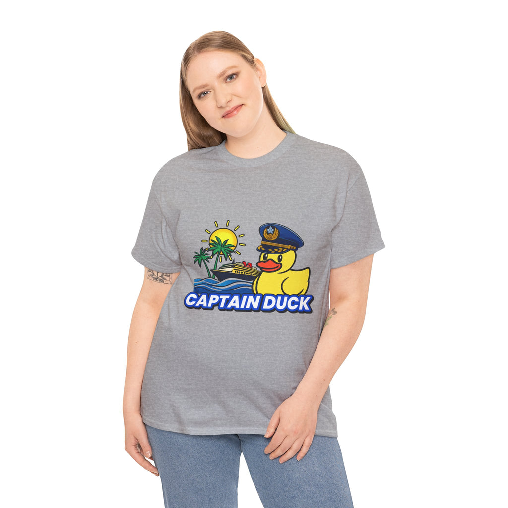 Captain Duck T‑Shirt — Nautical Rubber Duck Tee with Island Sunset