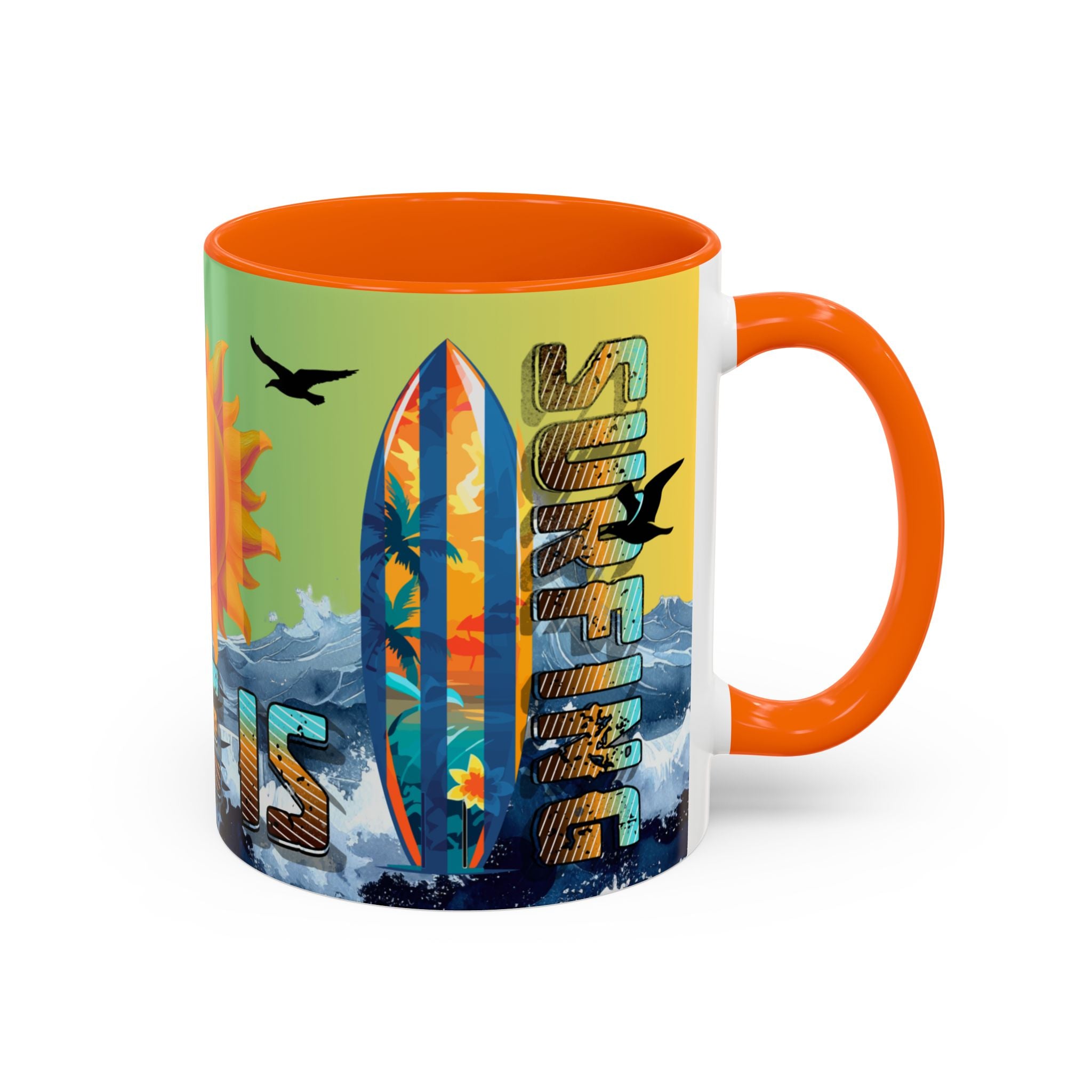 Coffee Mug — "Life Is Surfing" Colorful Sunset Surfboard Beach Ceramic Accent Mug (11/15oz)