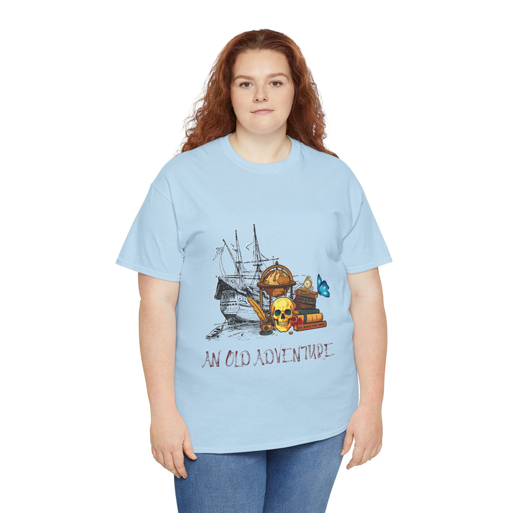 Adventure Skull AND BOOK — Vintage Ship, Globe & Books Graphic Shirt (An Old Adventure)