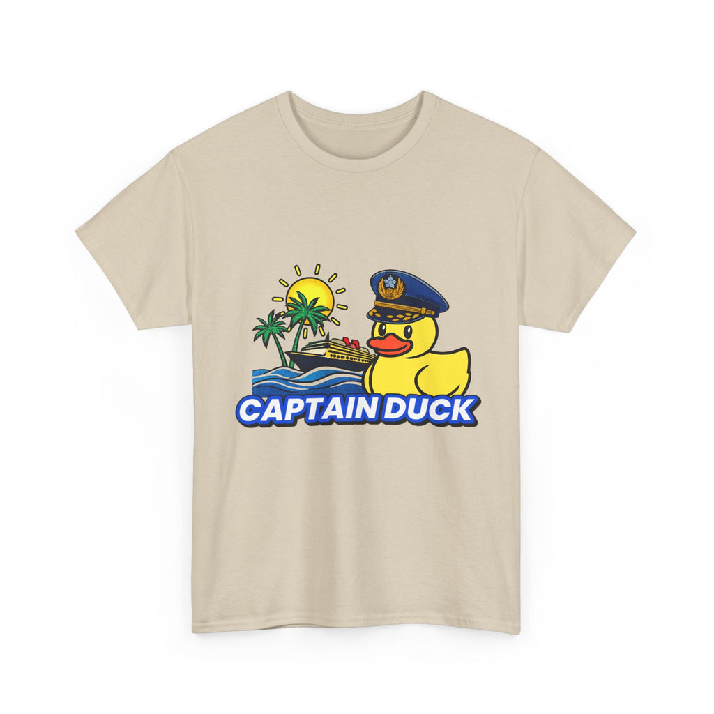 Captain Duck T‑Shirt — Nautical Rubber Duck Tee with Island Sunset