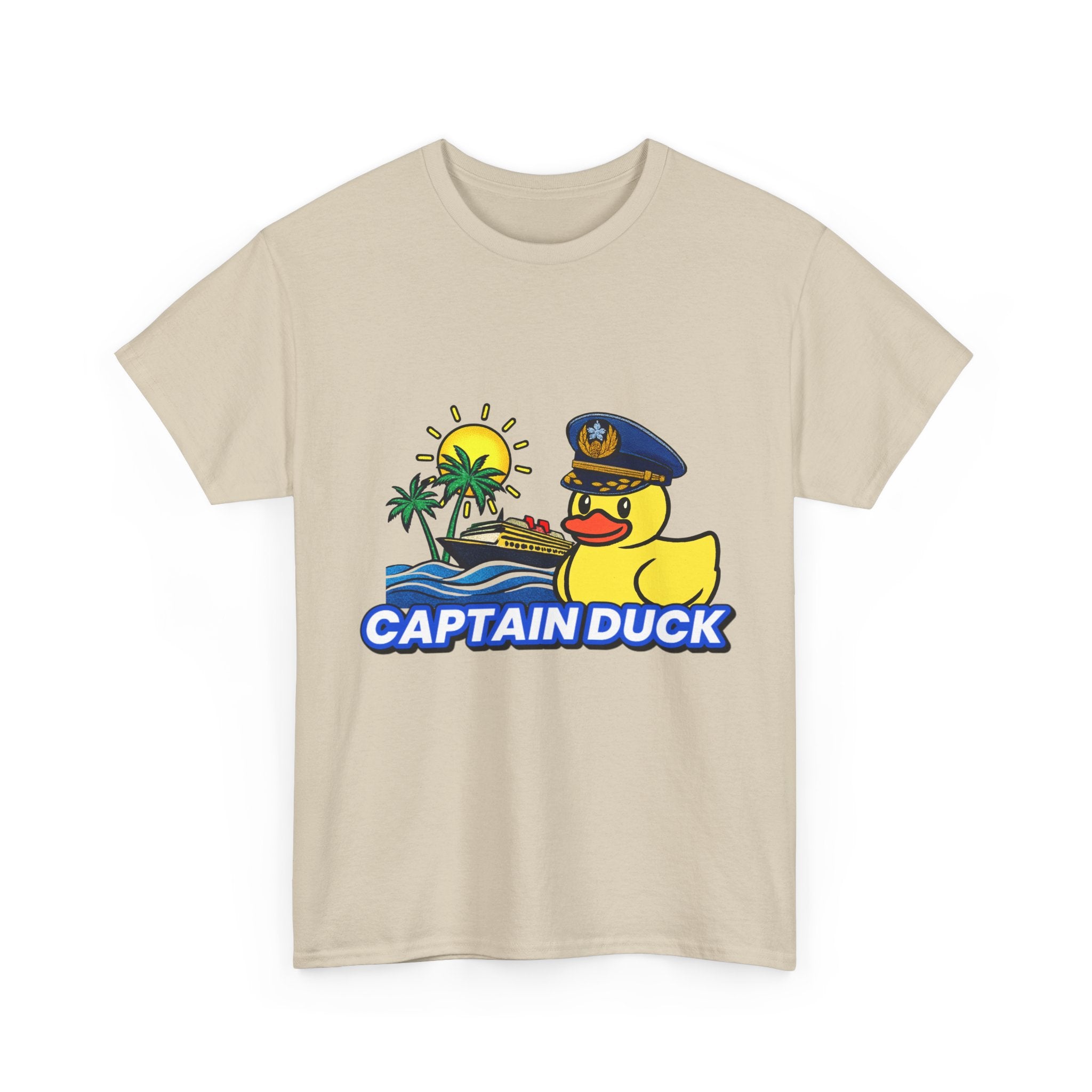 Captain Duck T‑Shirt — Nautical Rubber Duck Tee with Island Sunset