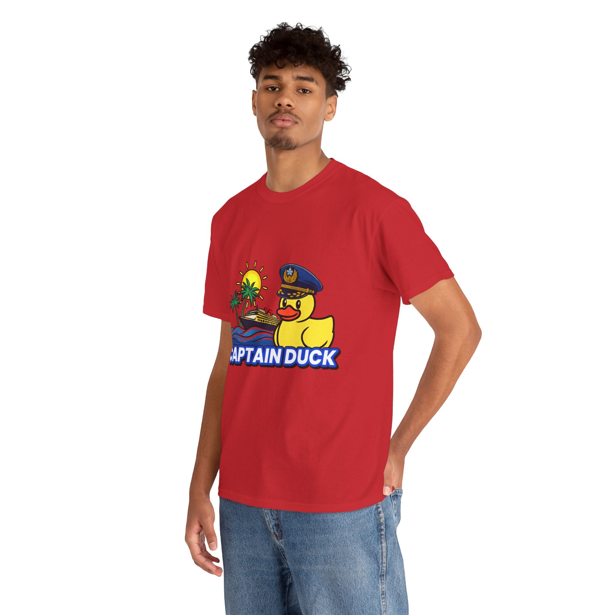 Captain Duck T‑Shirt — Nautical Rubber Duck Tee with Island Sunset