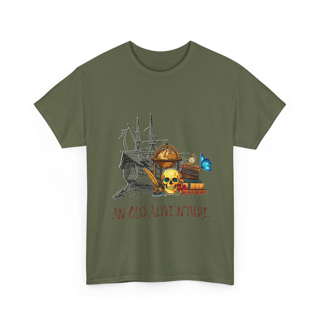 Adventure Skull AND BOOK — Vintage Ship, Globe & Books Graphic Shirt (An Old Adventure)