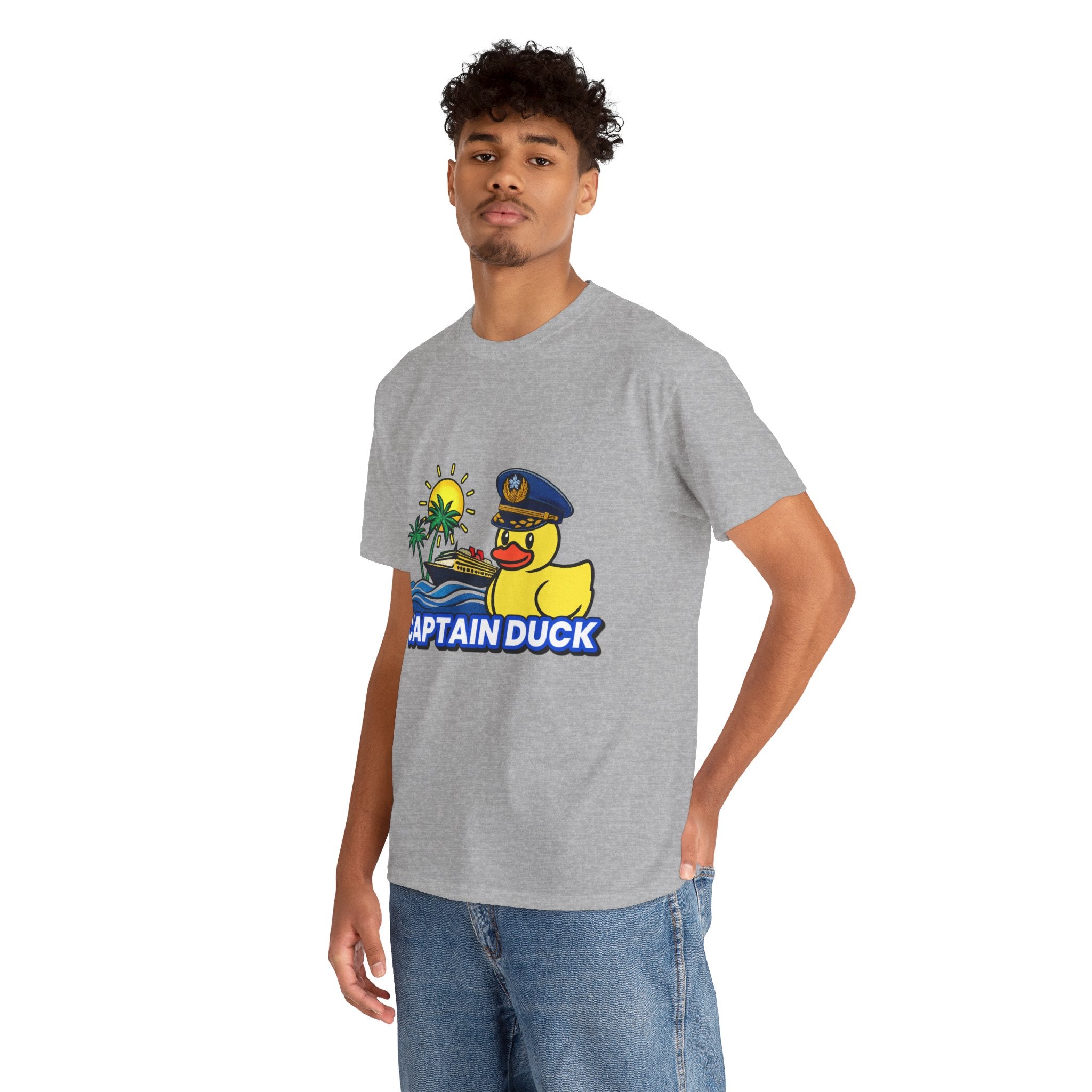 Captain Duck T‑Shirt — Nautical Rubber Duck Tee with Island Sunset