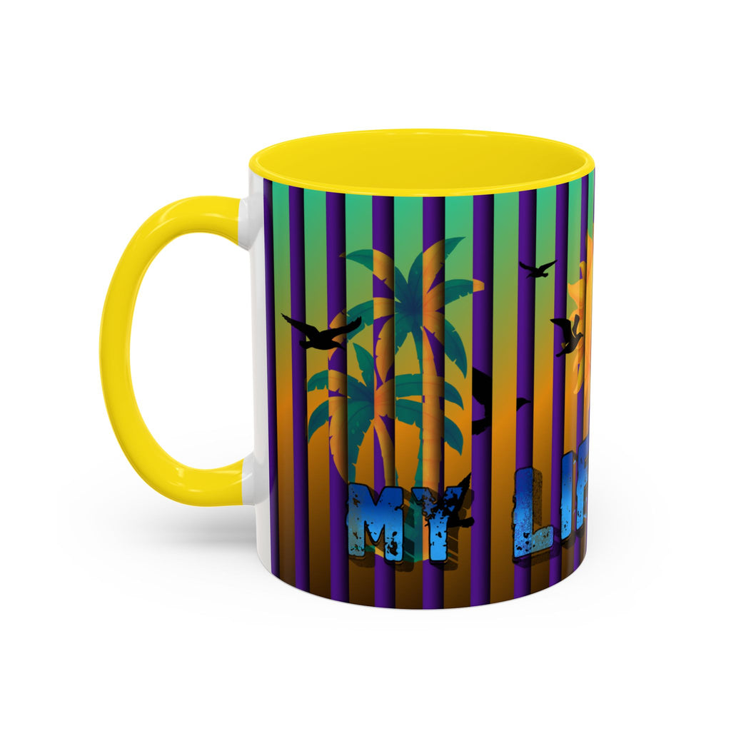 Surfing Life Coffee Mug — Colorful Sun & Surfboard Accent Mug (11/15oz)