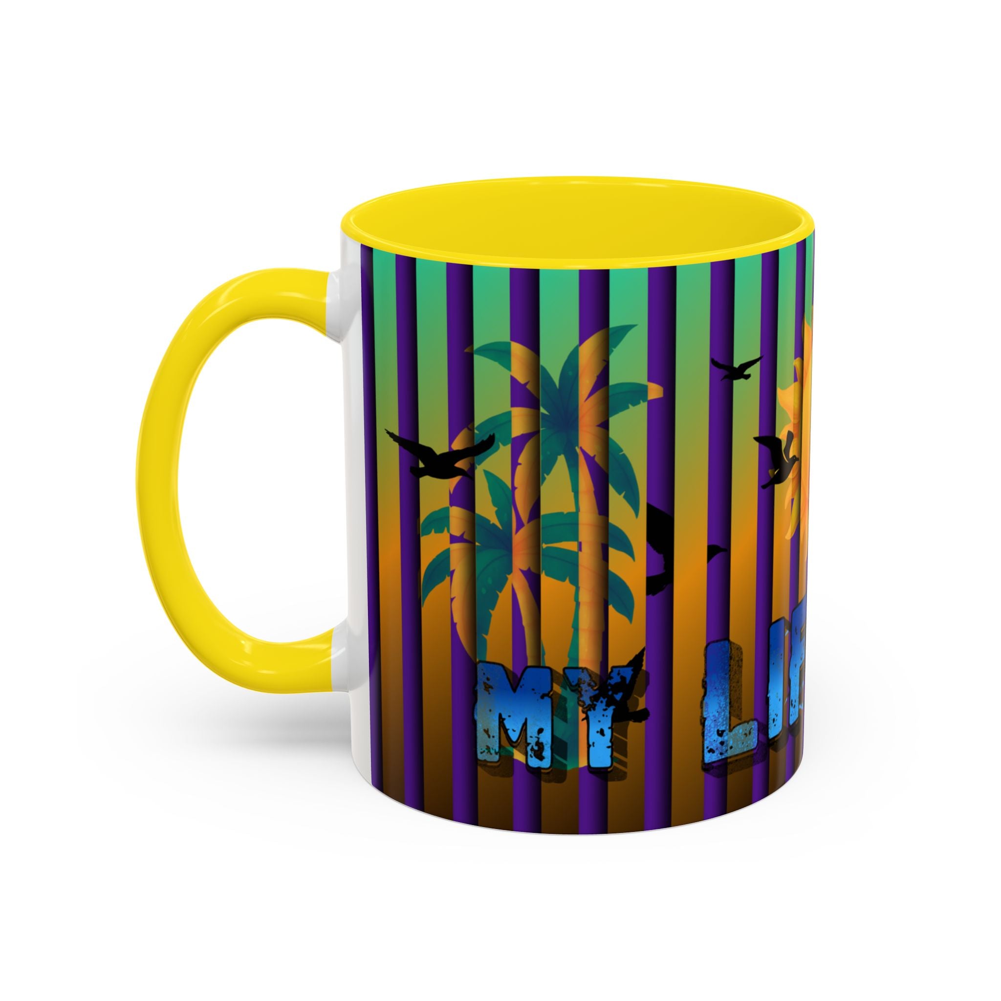 Surfing Life Coffee Mug — Colorful Sun & Surfboard Accent Mug (11/15oz)