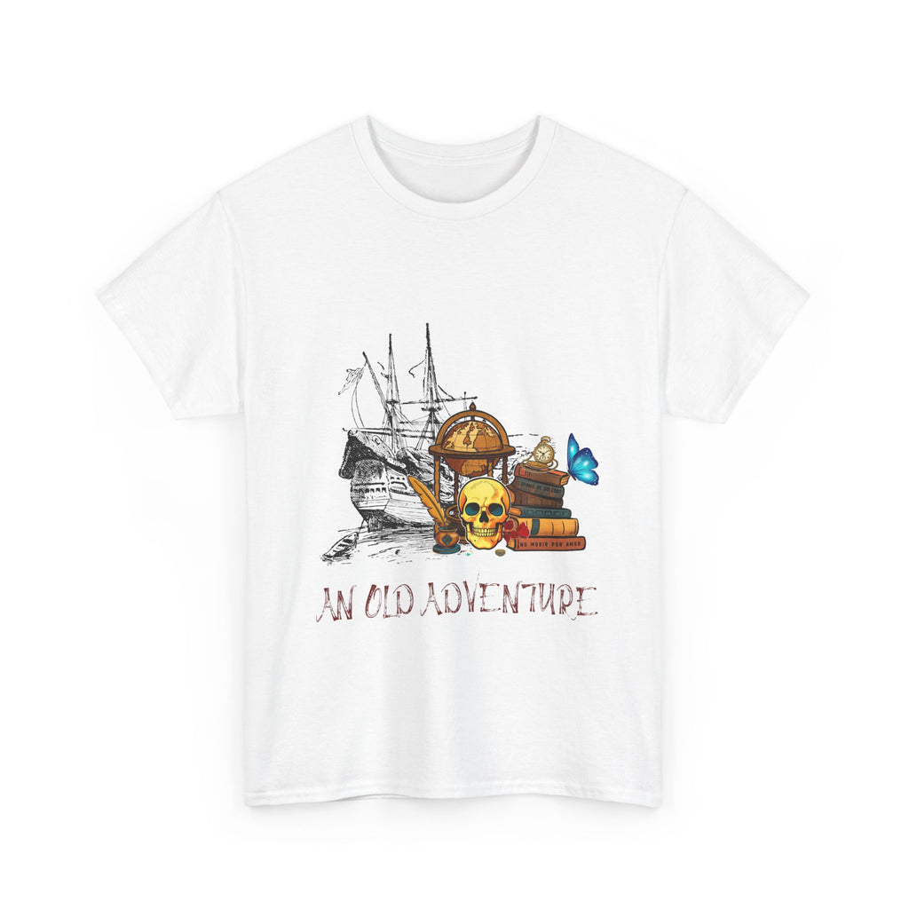Adventure Skull AND BOOK — Vintage Ship, Globe & Books Graphic Shirt (An Old Adventure)