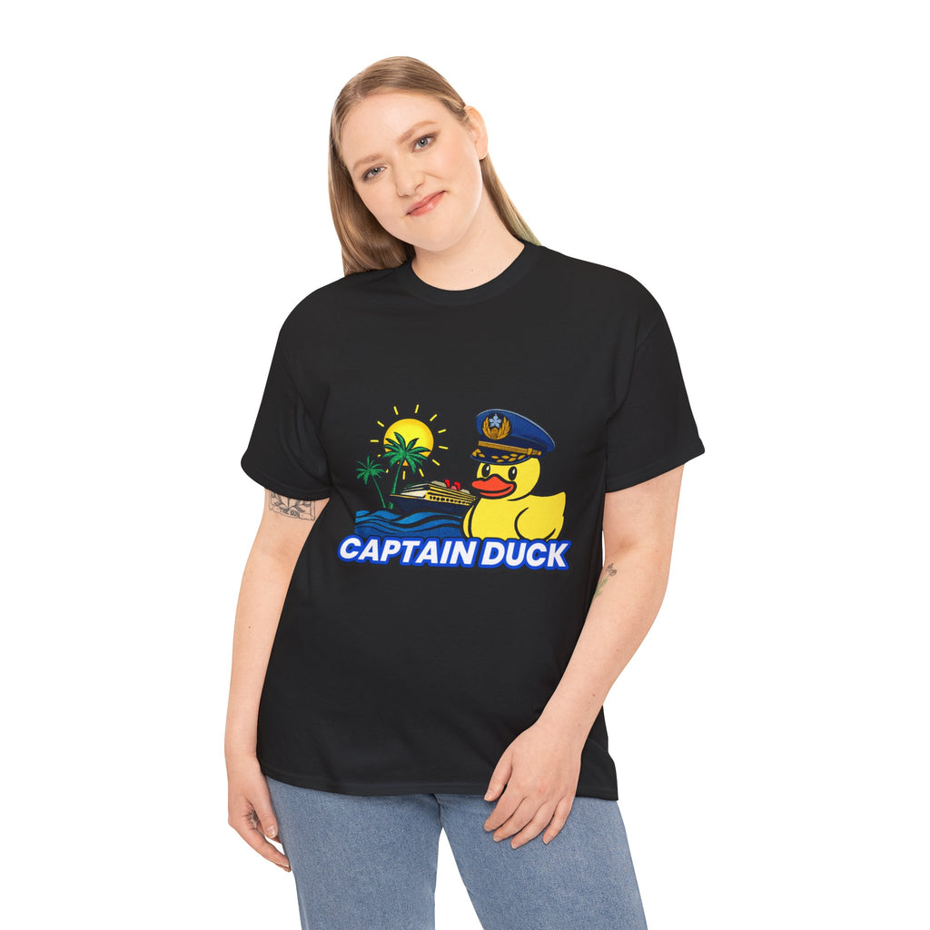 Captain Duck T‑Shirt — Nautical Rubber Duck Tee with Island Sunset