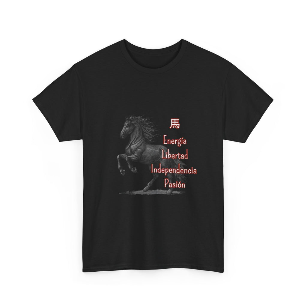 Galloping Black Horse Tee — 'Energy, Liberty, Independence, Passion' Graphic T-Shirt