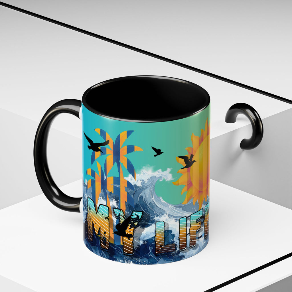 Coffee Mug — "Life Is Surfing" Colorful Sunset Surfboard Beach Ceramic Accent Mug (11/15oz)