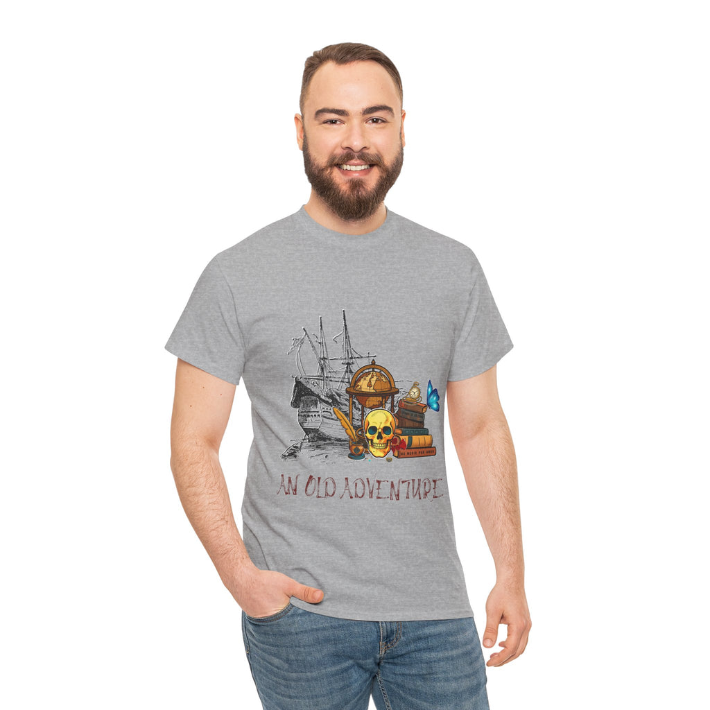 Adventure Skull AND BOOK — Vintage Ship, Globe & Books Graphic Shirt (An Old Adventure)