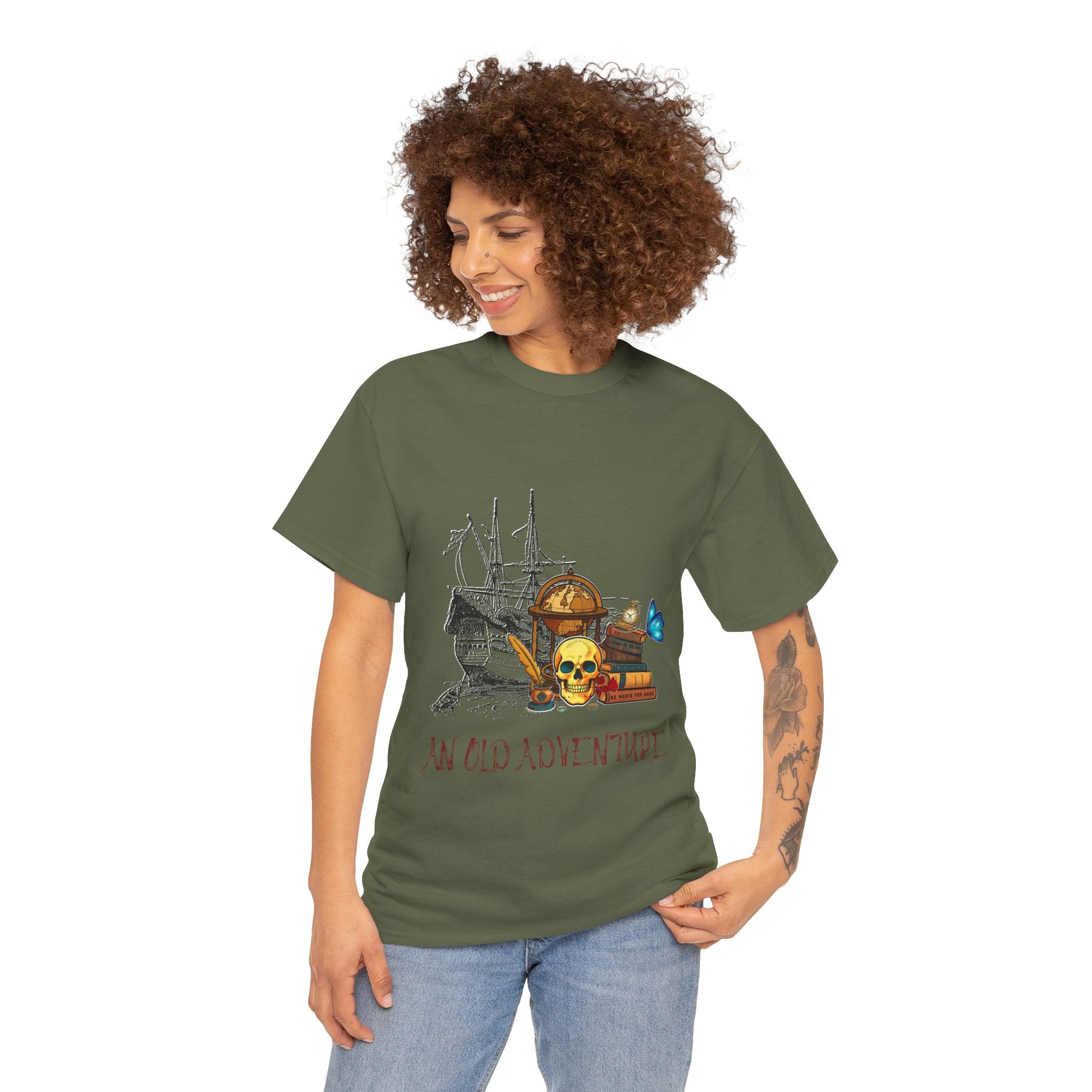 Adventure Skull AND BOOK — Vintage Ship, Globe & Books Graphic Shirt (An Old Adventure)