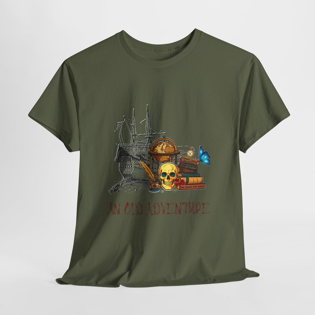 Adventure Skull AND BOOK — Vintage Ship, Globe & Books Graphic Shirt (An Old Adventure)