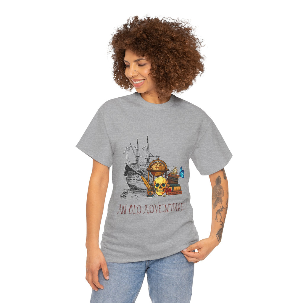 Adventure Skull AND BOOK — Vintage Ship, Globe & Books Graphic Shirt (An Old Adventure)