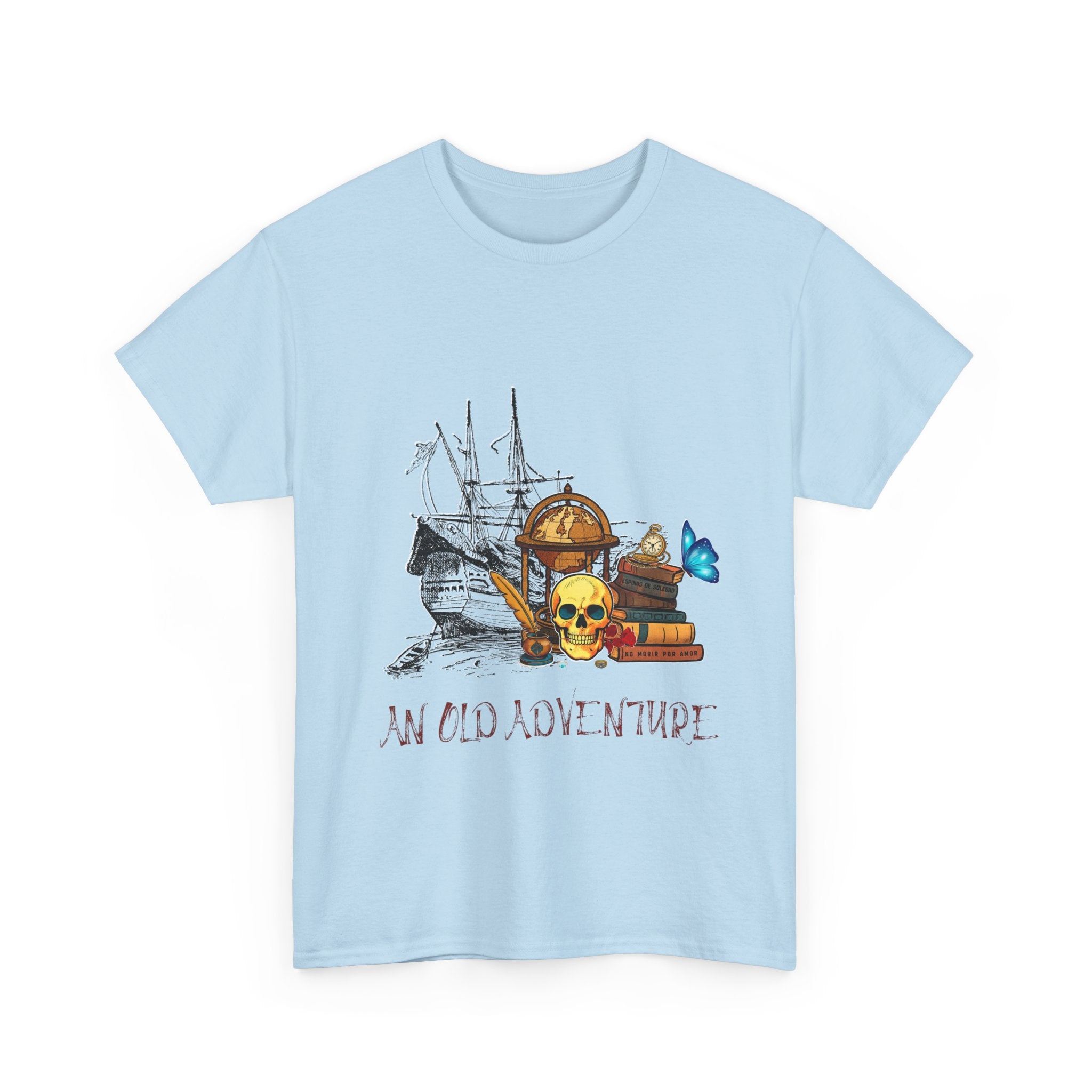 Adventure Skull AND BOOK — Vintage Ship, Globe & Books Graphic Shirt (An Old Adventure)