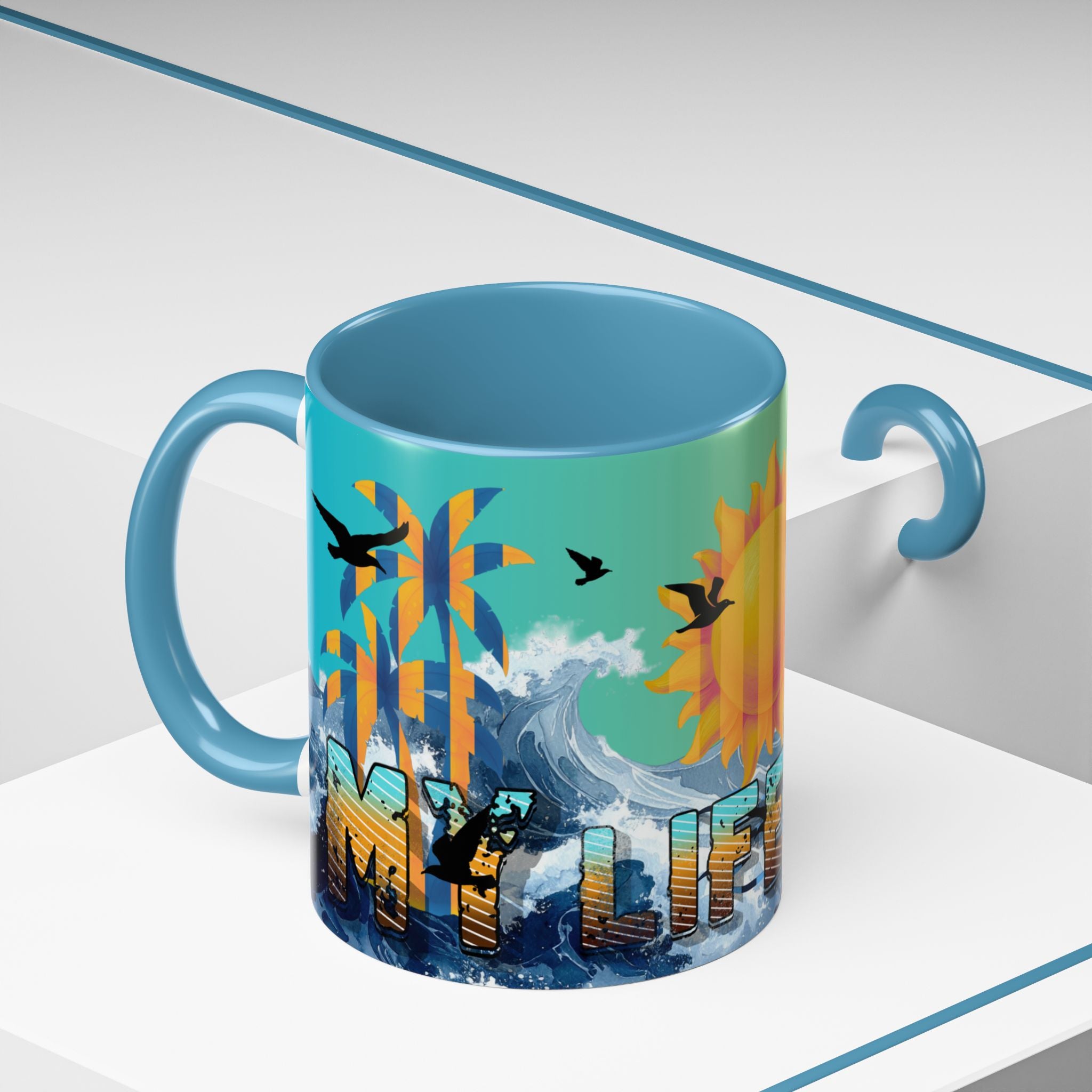 Coffee Mug — "Life Is Surfing" Colorful Sunset Surfboard Beach Ceramic Accent Mug (11/15oz)