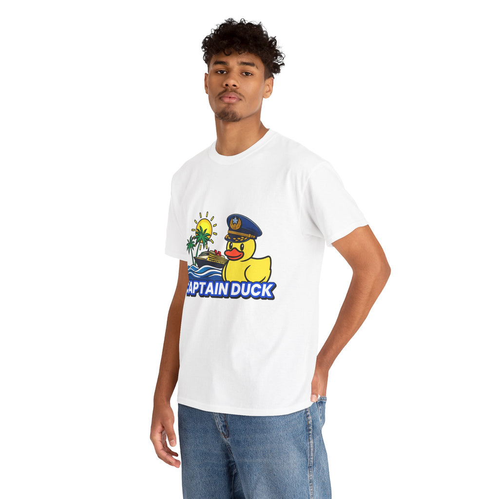 Captain Duck T‑Shirt — Nautical Rubber Duck Tee with Island Sunset