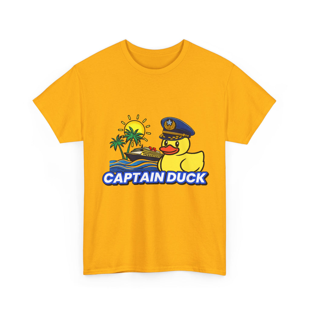 Captain Duck T‑Shirt — Nautical Rubber Duck Tee with Island Sunset