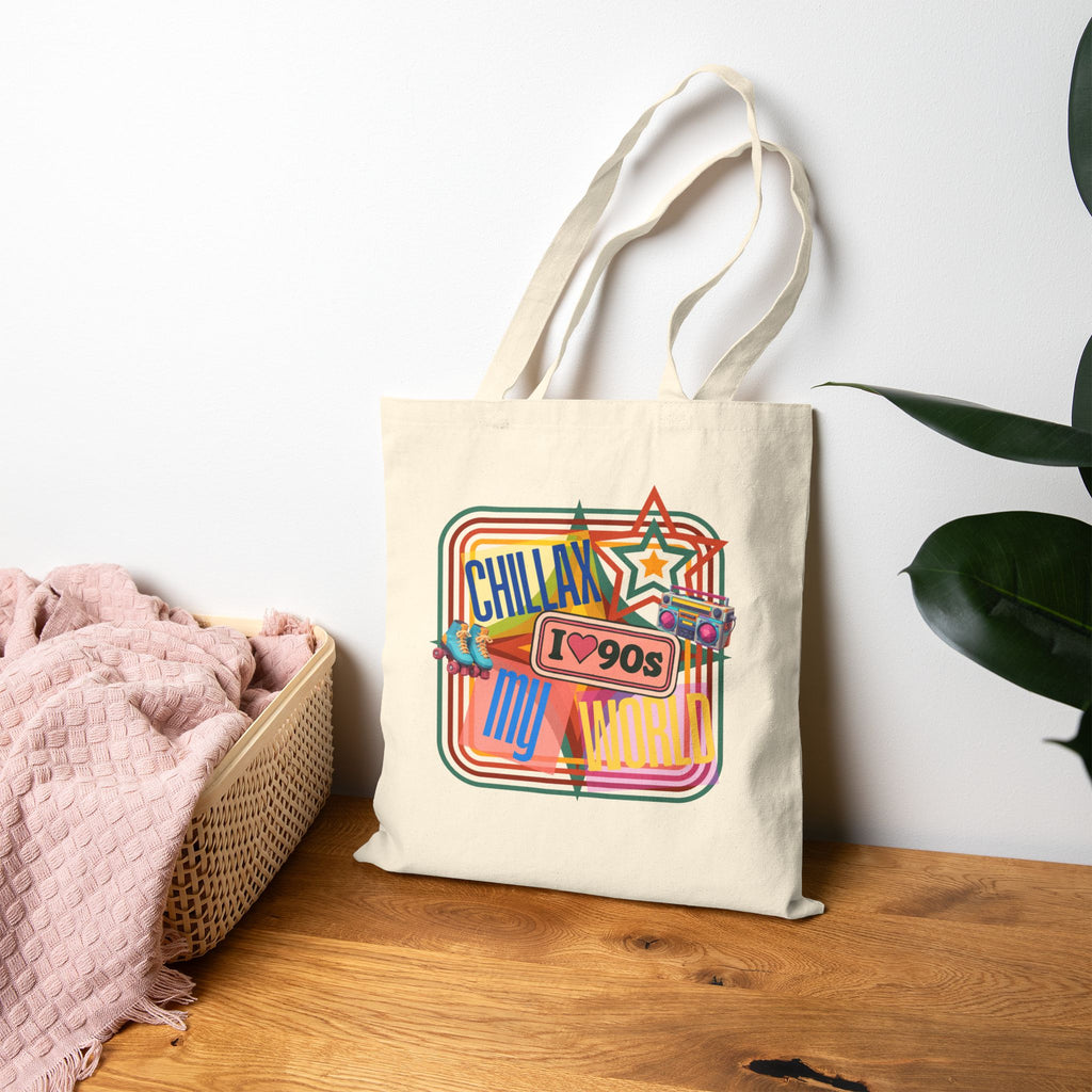 Tote Bag — Vintage 90s 'Chillax My World' Retro Graphic Cotton Canvas Tote