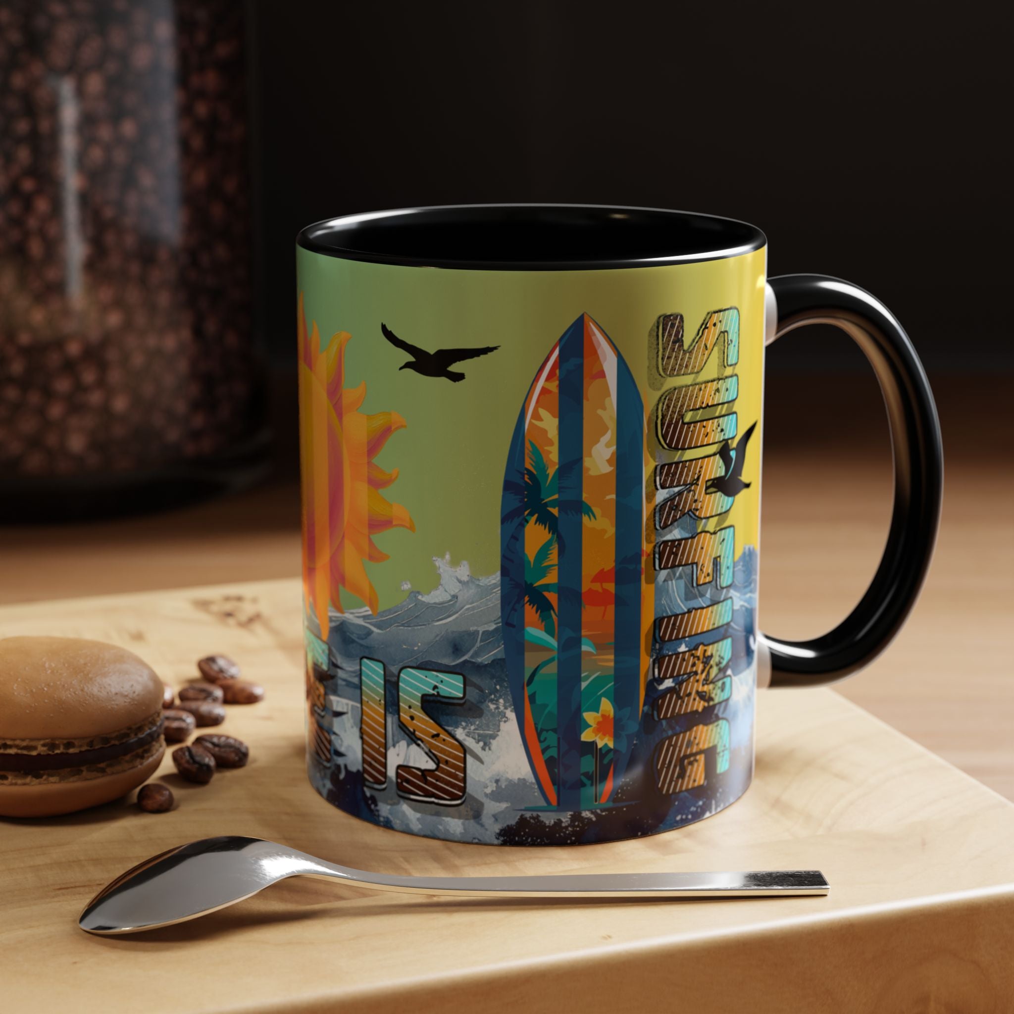 Coffee Mug — "Life Is Surfing" Colorful Sunset Surfboard Beach Ceramic Accent Mug (11/15oz)