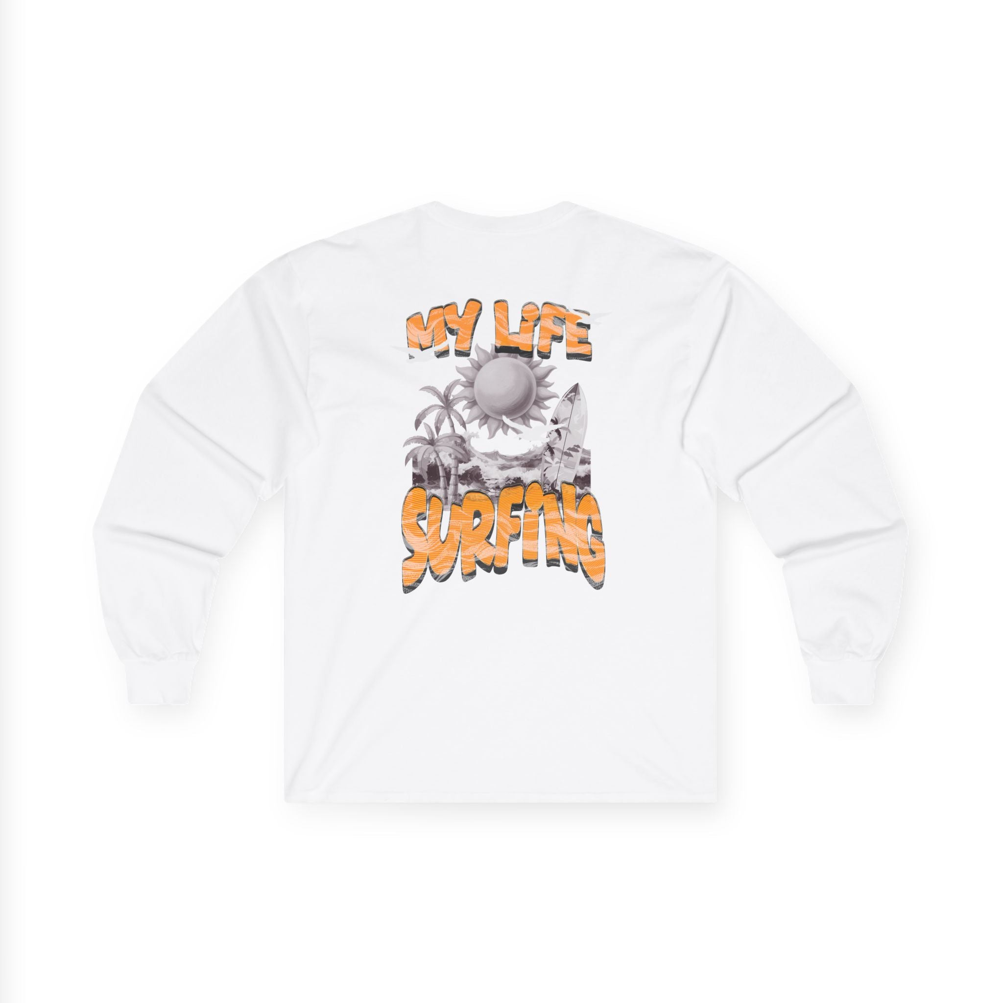 Long Sleeve Tee — 'My Life Is Surfing' Tropical Surf Graphic