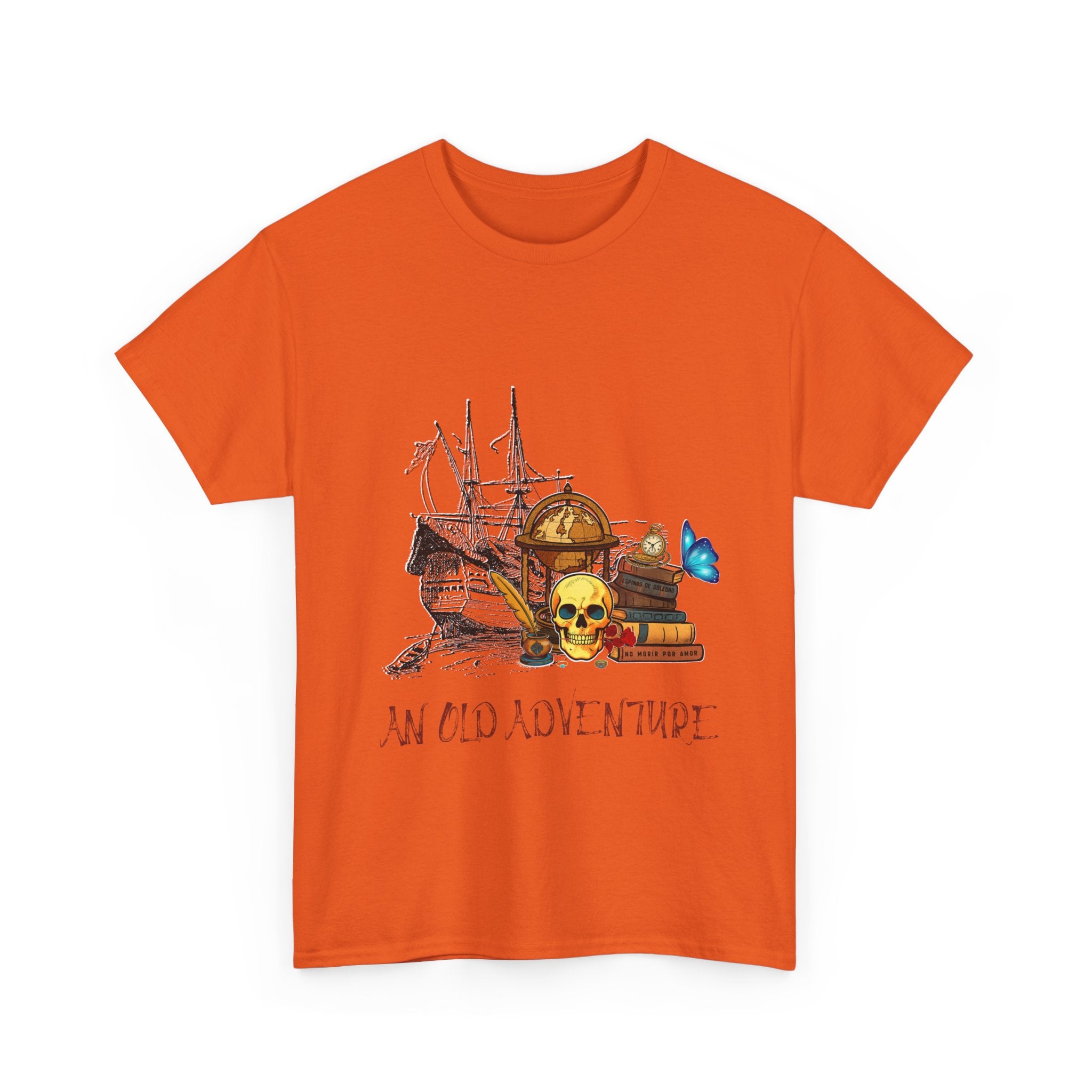 Adventure Skull AND BOOK — Vintage Ship, Globe & Books Graphic Shirt (An Old Adventure)