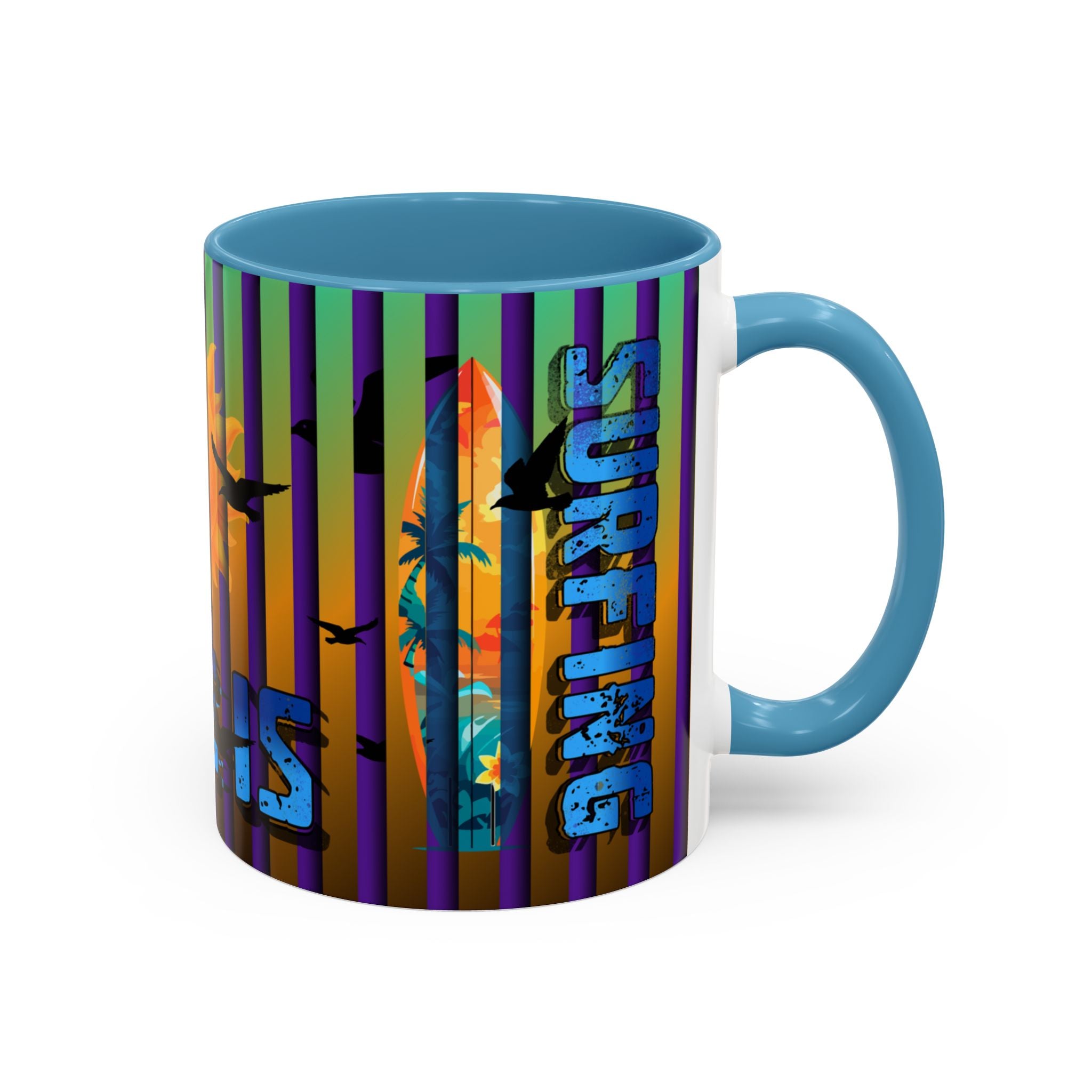 Surfing Life Coffee Mug — Colorful Sun & Surfboard Accent Mug (11/15oz)