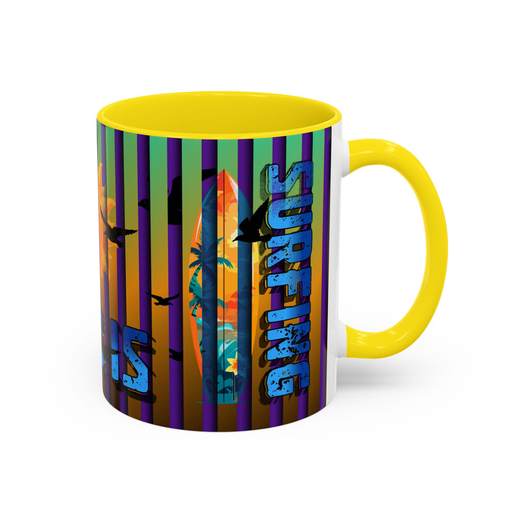 Surfing Life Coffee Mug — Colorful Sun & Surfboard Accent Mug (11/15oz)