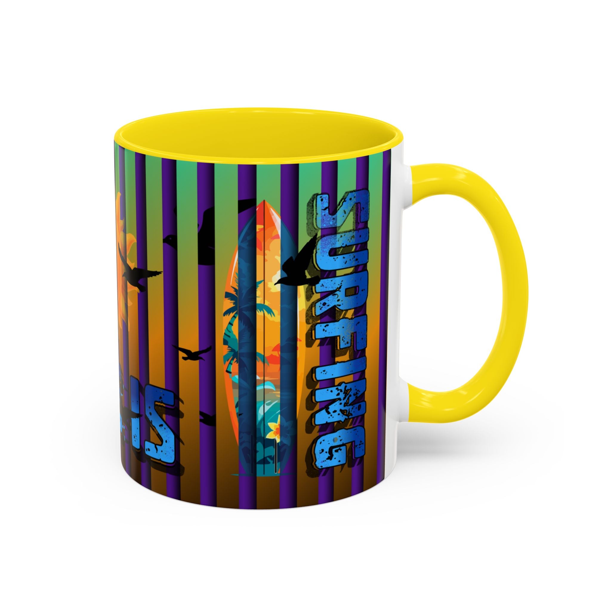 Surfing Life Coffee Mug — Colorful Sun & Surfboard Accent Mug (11/15oz)