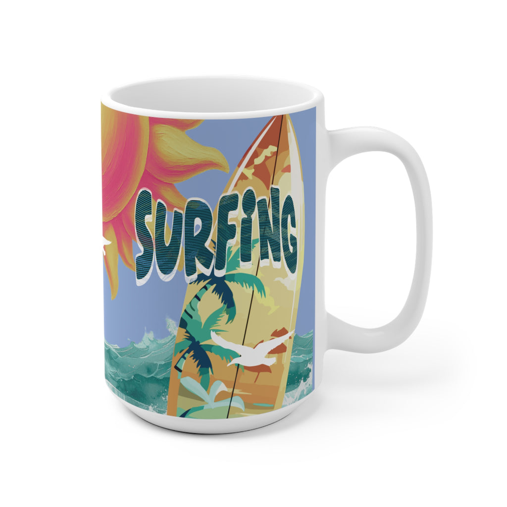 Surfing Ceramic Mug — Tropical Sunset Surfboard Coffee Cup