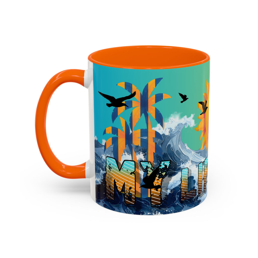 Coffee Mug — "Life Is Surfing" Colorful Sunset Surfboard Beach Ceramic Accent Mug (11/15oz)