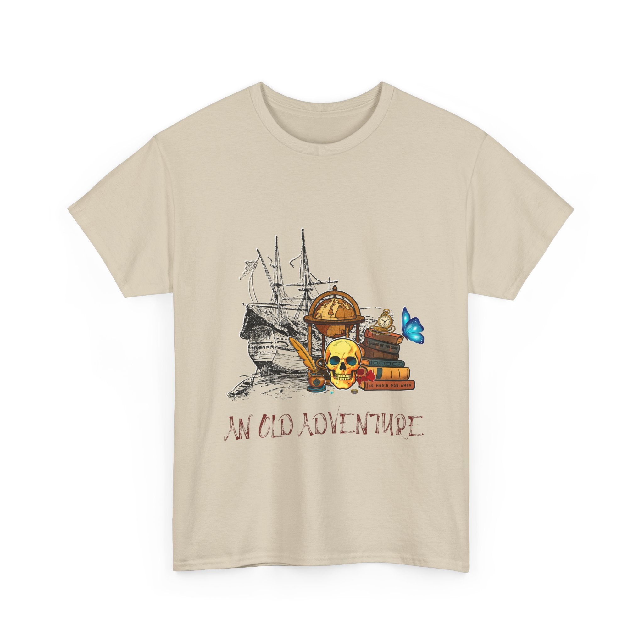 Adventure Skull AND BOOK — Vintage Ship, Globe & Books Graphic Shirt (An Old Adventure)