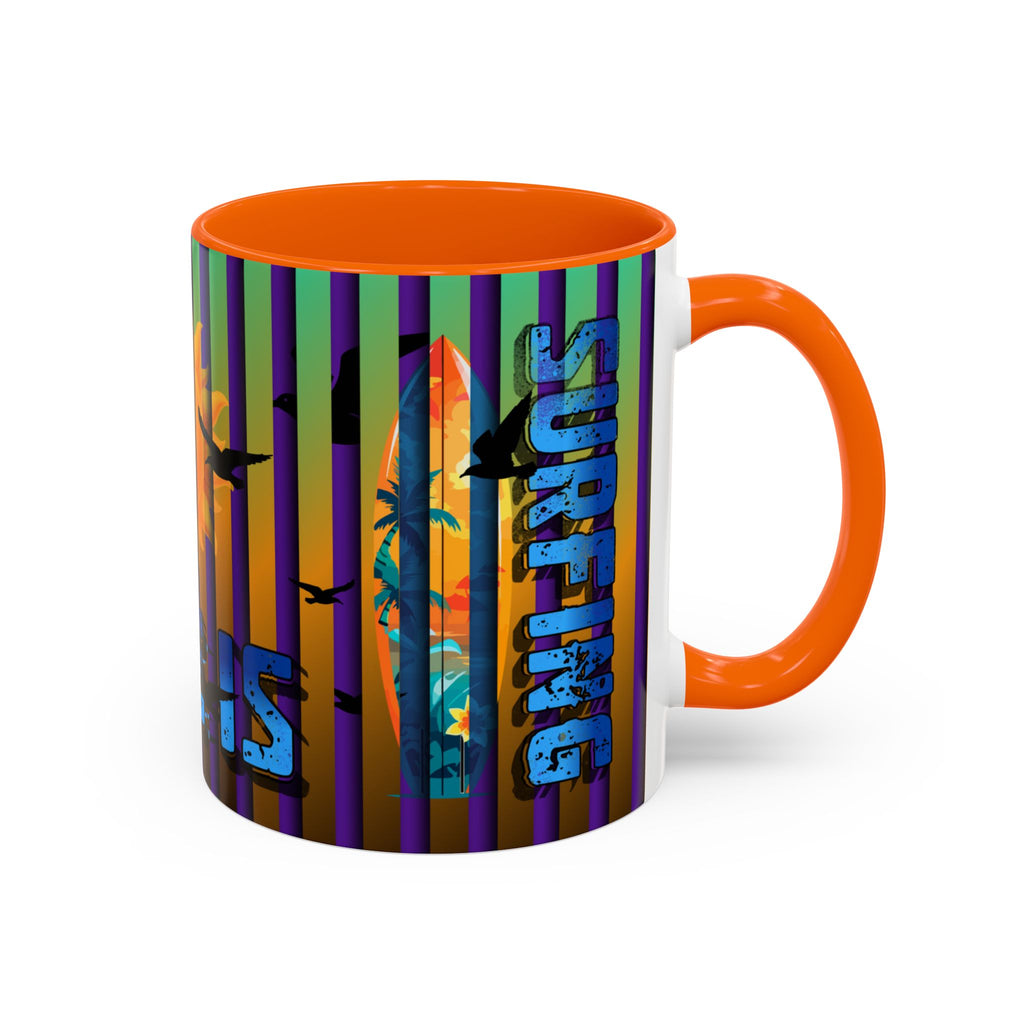 Surfing Life Coffee Mug — Colorful Sun & Surfboard Accent Mug (11/15oz)