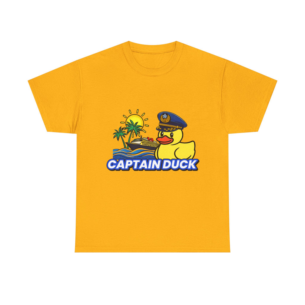 Captain Duck T‑Shirt — Nautical Rubber Duck Tee with Island Sunset