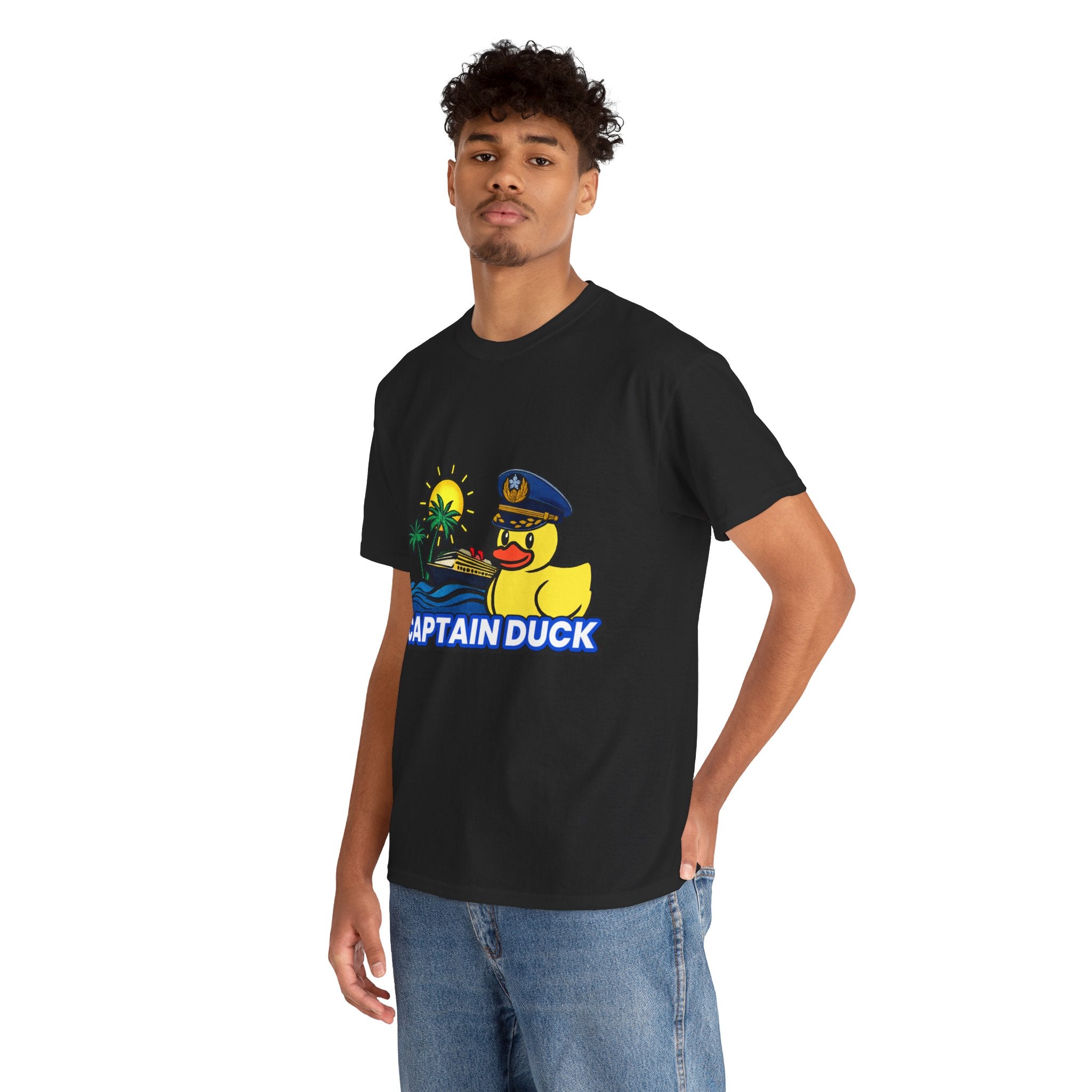 Captain Duck T‑Shirt — Nautical Rubber Duck Tee with Island Sunset