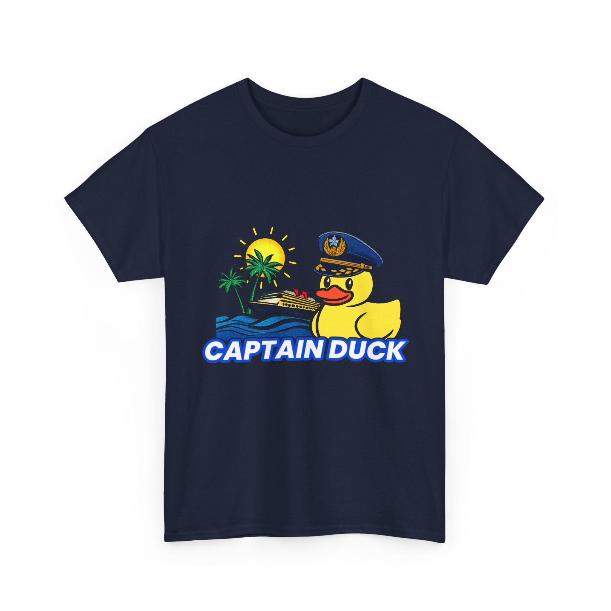 Captain Duck T‑Shirt — Nautical Rubber Duck Tee with Island Sunset