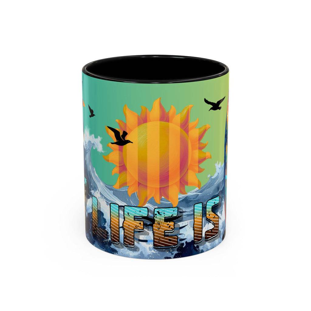Coffee Mug — "Life Is Surfing" Colorful Sunset Surfboard Beach Ceramic Accent Mug (11/15oz)
