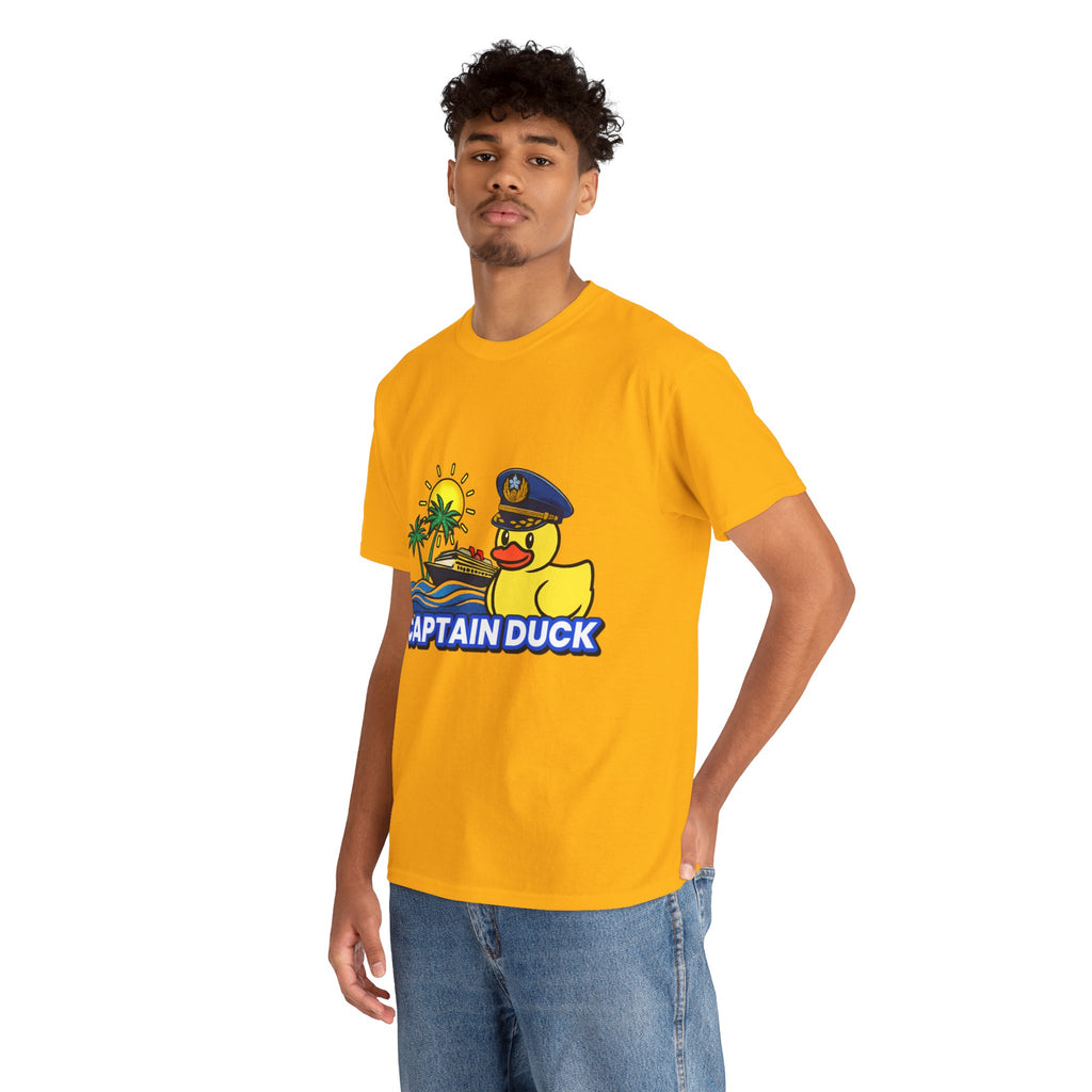 Captain Duck T‑Shirt — Nautical Rubber Duck Tee with Island Sunset