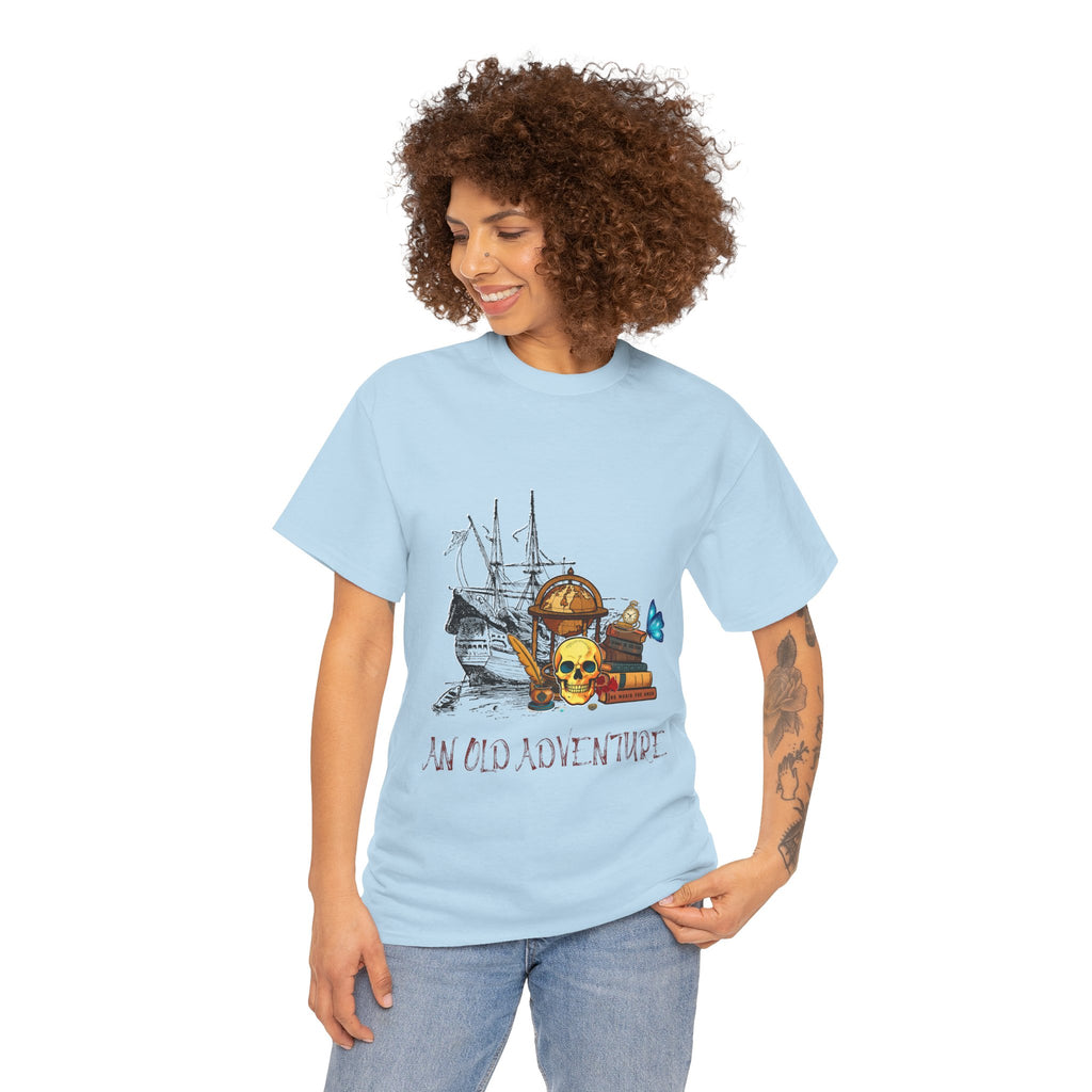 Adventure Skull AND BOOK — Vintage Ship, Globe & Books Graphic Shirt (An Old Adventure)