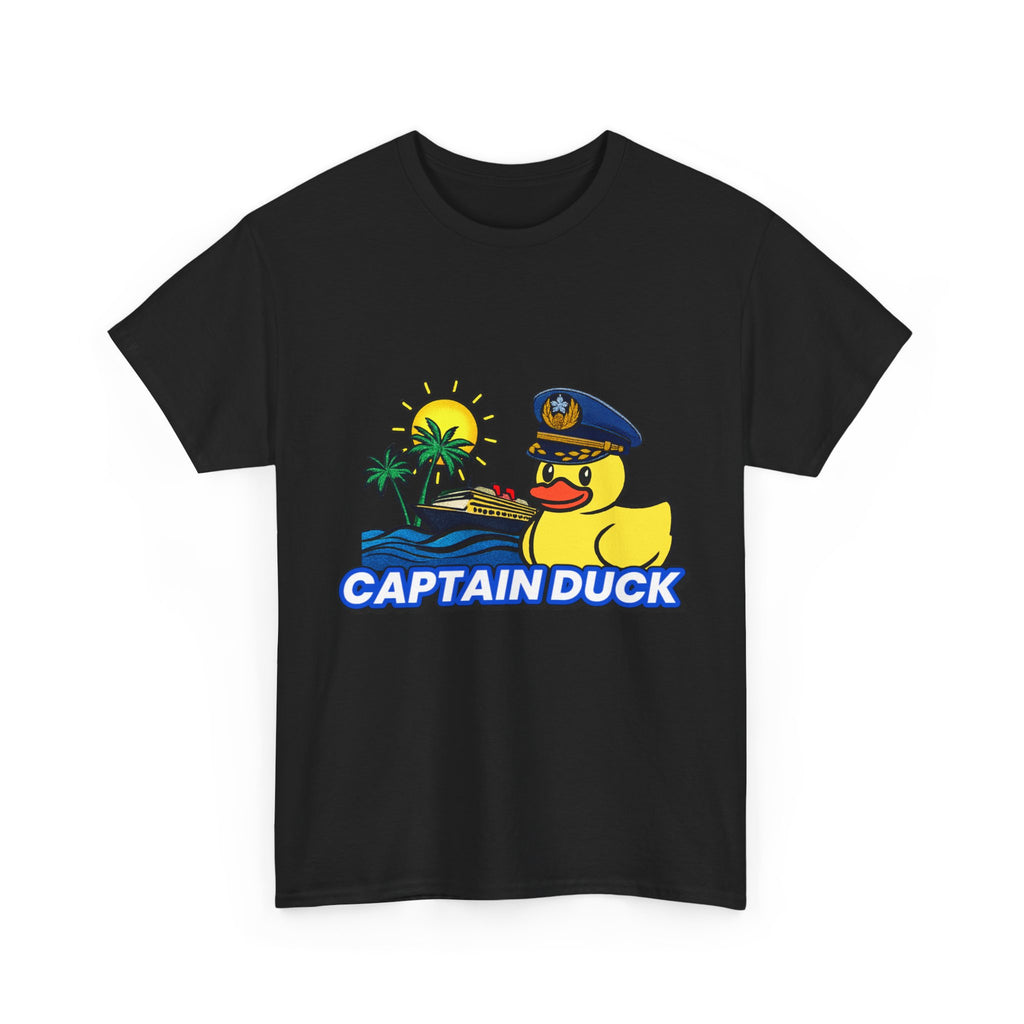 Captain Duck T‑Shirt — Nautical Rubber Duck Tee with Island Sunset